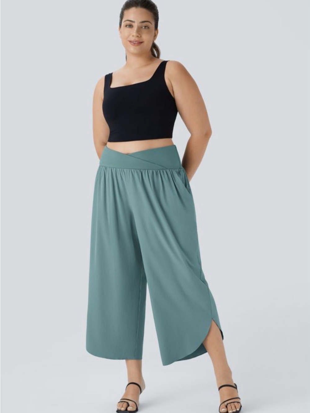 HALARA Teal Wide-Leg Cropped Pants with Crossover Waistband